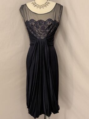 40s 50s Elegant Navy Sheer Lace Yoke Chiffon Drapef Bubble Hem Cocktail Dress